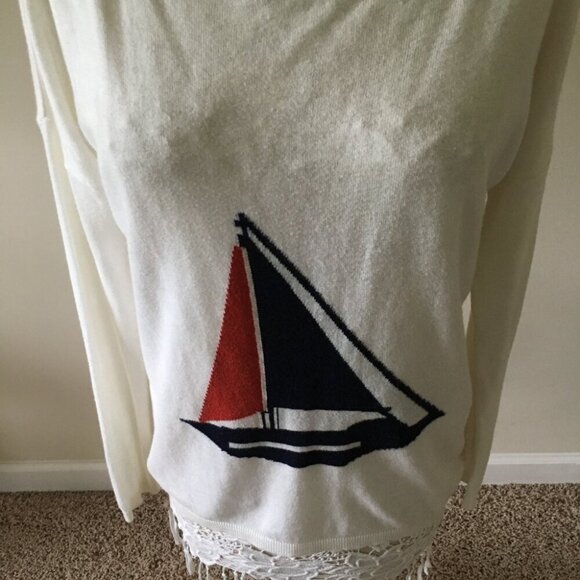 Sailboat Slouch Off Shoulder White Red Sweater - Picture 2 of 6
